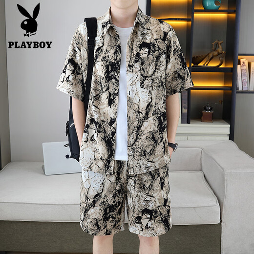 
Playboy (PLAYBOY) handsome shirt for men's summer ice silk suit design sense floral shirt short sleeve shorts beach two-piece set matching 679 white suit M 110Jin [Jin equals 0.5 kg]