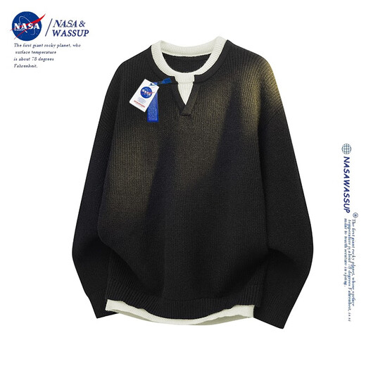 Nasawassup official fashion brand co-branded sweater men's autumn and winter Hong Kong style round neck fake two-piece sweater lazy style men's pullover worsted gray XL (recommended 140-160 Jin Jin equals 0.5 kg)