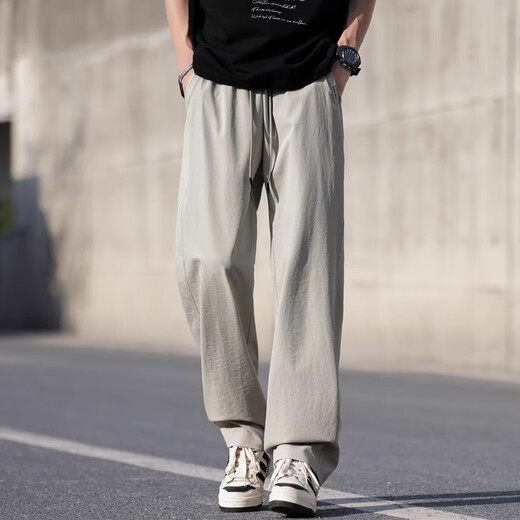 Pantalon occasionnel du pic pour hommes 2025 Tendance d'été Ice Silk pantalon droit lâche pour hommes adolescents drapage polyvalent pantalon haut de gamme pour hommes 6636 gris + 6636 Green militaire L recommandé 110-130jin [Jin équivaut à 0,5 kg]