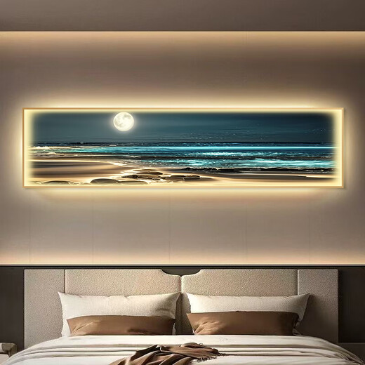 He Jiagong Poster Wandaufkleber moderne minimalistische Wellenszene Schlafzimmer Hintergrund Wanddekoration Gemälde mit Lampe Nachttisch Banner hängendes Gemälde Sofalehne T129198 12210 x 70 cm (geeignet für Sofas über 2,5 Meter)