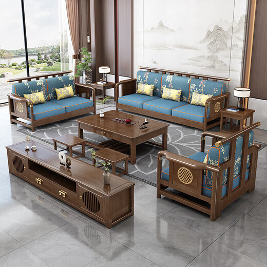 Wenting Yayuan Solid Wood Sofa Living Room New Chinese-style corner Guifei fabric combination Light luxury small apartment furniture 9915 1.35m drawer tea table 9901# [Frame] Cotton linen cover