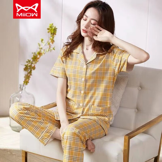 Catman MIIOW new pajamas for women, summer pure cotton short-sleeved trousers, pure cotton middle-aged mothers can wear home clothes suits R:2103 9923 M Suggestion [80-Jin [Jin equals 0.5 kg]]