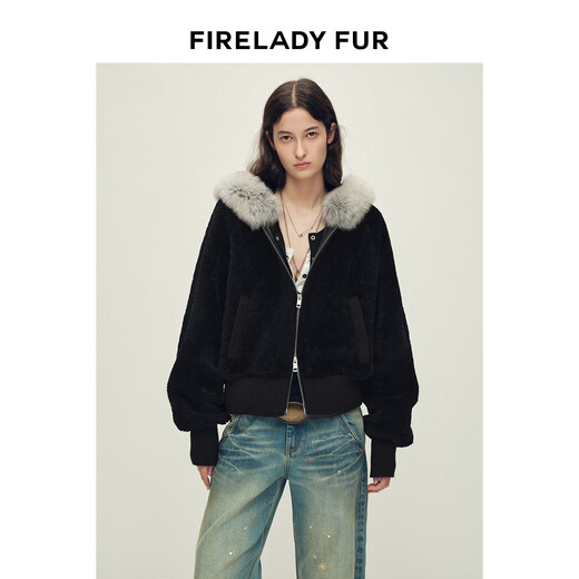 Fu Zhien Love Cycle South Africa imported hooded fox fur collar merino fur one-piece fur jacket black M