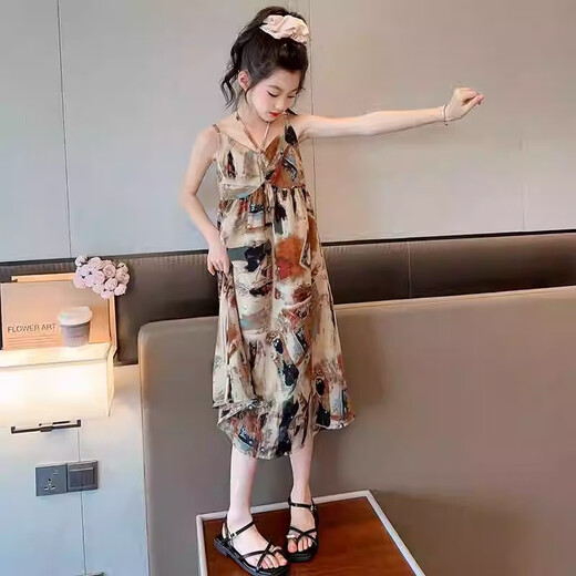 奥特曼儿童装女童吊带裙夏装2025新款夏季洋气连衣裙大童雪纺沙滩裙子S 圣托日落黄 120 cm