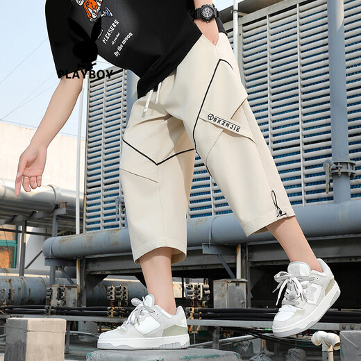 
Playboy (PLAYBOY) cropped pants men's summer thin casual shorts teenager tooling loose quick-drying straight-leg design sense cropped pants 6629 black 2XL