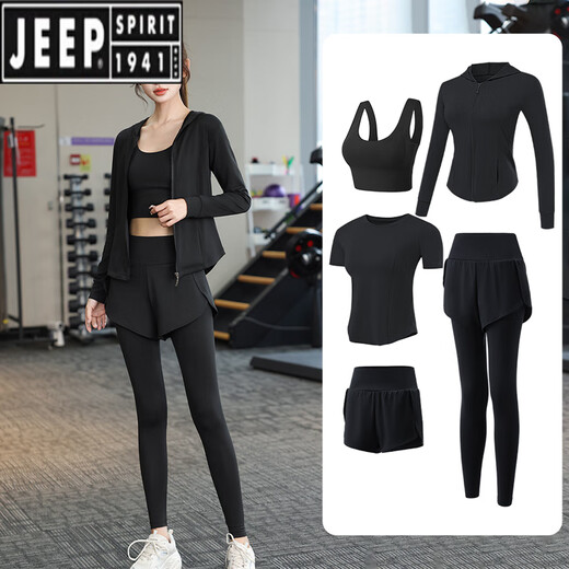 JEEP SPIRIT running sports suit for women yoga suit morning jogging suit fitness suit 2025 new spring and summer quick drying blue [short sleeves] three-piece set (black pants) M