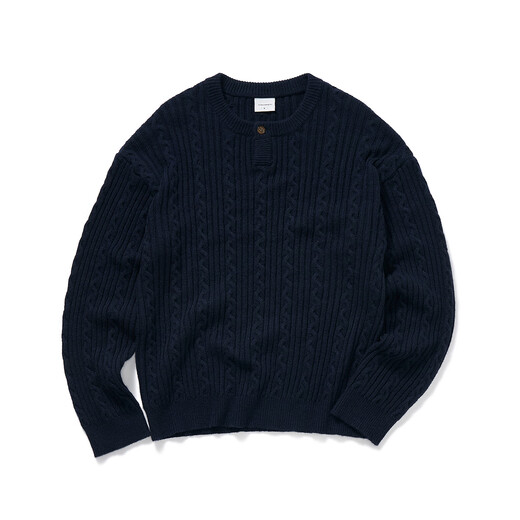 714street Henry collar sheep wool sweater for men 2025 autumn and winter new couple cable knit sweater top for women dark blue L