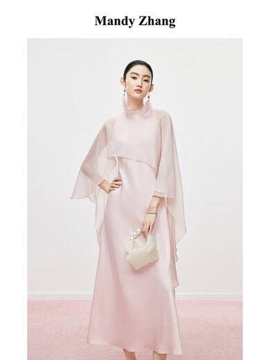 Mandy Zhang Ou Ruofeng hellrosa sanftes Acetatkleid für Frauen weiches satin diagonal geschnitten einfaches elegantes Kleid langer Rock Tianzhu Pink L