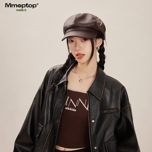 MMOPTOP Japanese versatile textured leather octagonal hat for women British retro face-showing beret temperament simple painter's hat