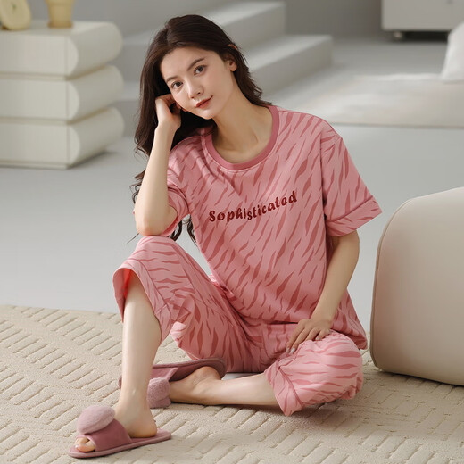 Pajamas en velours arctique pour les femmes en été en été coton pur en V V pantalon recadré à manches courtes lâche et décontracté peut être porté à l'extérieur de la maison de vêtements de printemps T-9855 (costume court) M (80-100jin [Jin est égal à 0,5 kg]))
