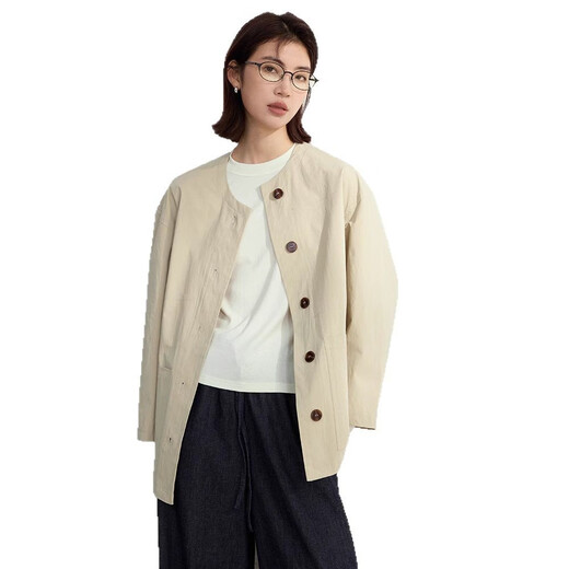罗蒙（ROMON）外套女简约韩系全棉风衣2025春秋季新款廓形小个子中长款大衣外套 卡其 均码