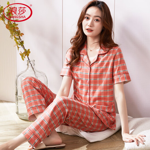 Langsha Pajamas Los pantalones de manga corta de algodón puro de algodón de mujeres 2025 Nuevo algodón de mediana edad Madre de verano ropa de verano Home A9923 XL adecuado para 115-135Jin [Jin equivale a 0,5 kg]