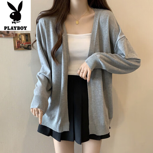 
Playboy (PLAYBOY) gray knitted cardigan jacket for women in summer large size fat mm lazy loose outer wear sun protection medium length V-neck sweater black - flagship L _Suggested 100-110Jin [Jin equals 0.5 kg]