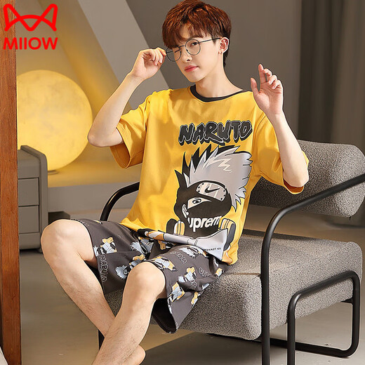 Catman (MiiOW) summer pajamas pajamas men short-sleeved pure cotton summer junior high school boys children boys 13-15-12 years old home clothes love short 1396 green little white men M teenage version (high 148, 60-70 Jin [Jin equals 0.5 kg])