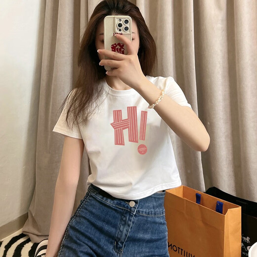 GTYUWVG白色正肩纯棉女士短袖t恤女装夏装2025新款印花修身高腰短款上衣 6189白色-短款 S 75-90斤