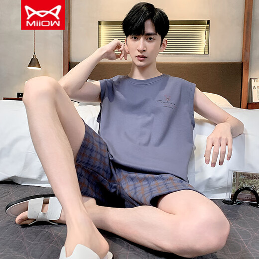 Catman Miiow Pyjamas Männer sommerhändler ärmellose Weste Baumwolldünne Baumwollstil für junge und mittlere Männer mit kurzärärmigem Plus-Size-Einfache zu Hause 9928 l Männer (vorgeschlagen -130jin [Jin entspricht 0,5 kg]))