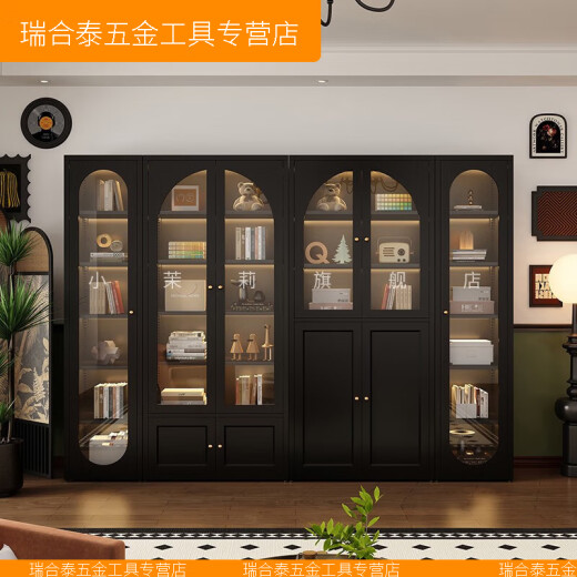 XMSJ verbessertes französisches Retro Steel-Bücherregal mit Glastür Wohnzimmer Vollwandkombinationskabinett Magazin Schrankboden-Stahl-Bücherregal Ausstellung optimiert schwarze Stil 12200 Länge 80 Tiefe 35c3c