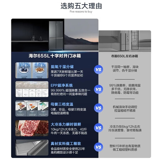 Haier 655L cross door refrigerator double opening four-door first-level energy efficiency household frequency inverter air-cooled frost-free super large capacity refrigerator, one year of the whole machine, three-year guarantee for compressor