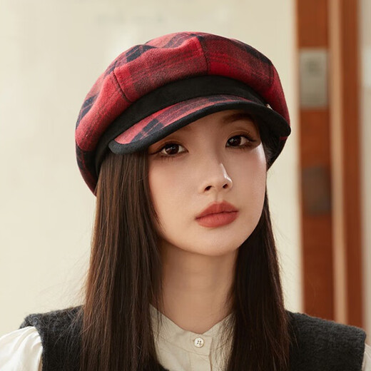 Jimmy leaf hat women's autumn and winter new plaid octagonal hat literary age-reducing beret British retro woolen newsboy hat coffee color one size M (56-58cm)