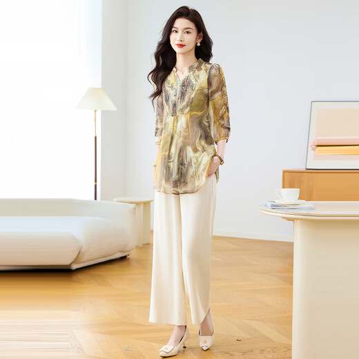 可蓓儿时尚印花七分袖休闲套装女2025新款夏季气质小衫阔腿裤两件套 3XL