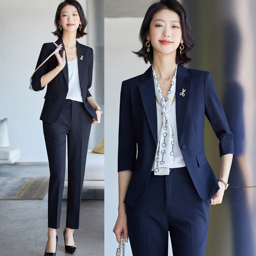 桢译面试西装女教师条纹外套薄款神范西服套装感正装中袖工作服 9922长袖绿色西装 S