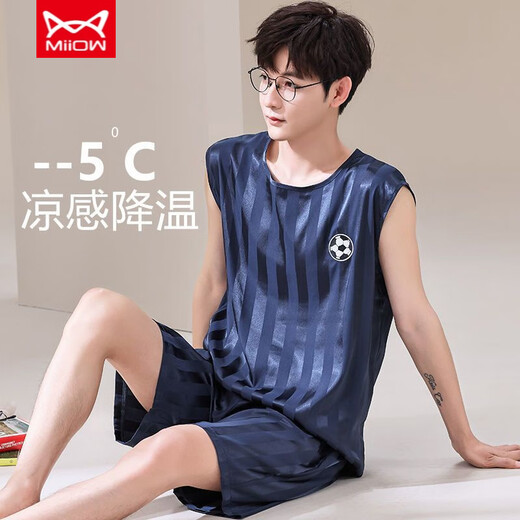 Catman (MiiOW) summer ice silk pajamas for youth thin extra-large size men's vest sleeveless shorts home clothing set 9901 ice silk M men's style 80--100Jin [Jin equals 0.5 kg]