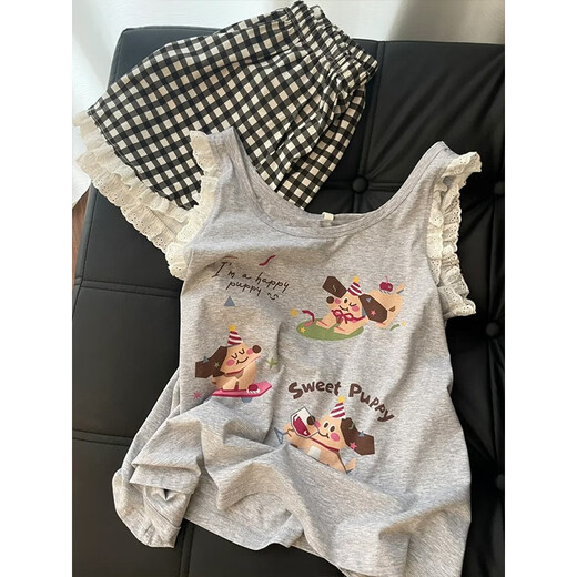 缪黛腊肠狗睡衣女夏季莫代尔无袖性感吊带背心带胸垫夏天家居服两件套 腊肠狗 M
