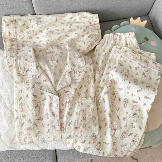 恒源祥纯棉纱布睡衣女短袖长裤春夏款三件套可爱小狗少女开衫家居服夏季 云朵棉-J9901#乐园小狗三件套 M 【建议75-100斤】