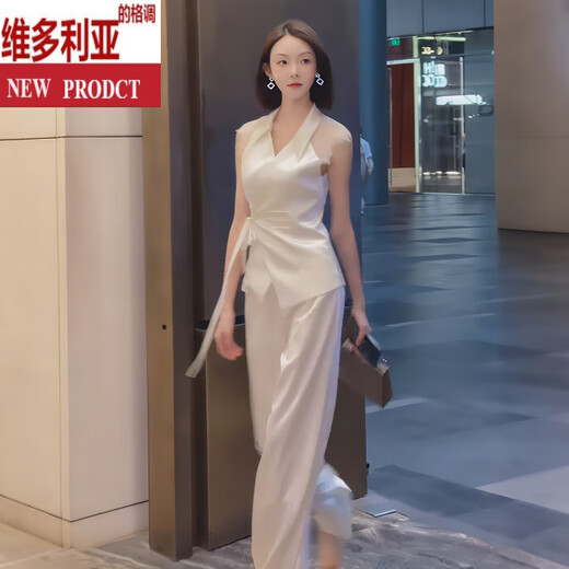 维多利亚的格调法式气质时尚套装女夏季2025新款感蕾丝拼接马甲阔腿裤两件套 杏色套装 S 建议80-100斤