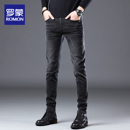 Romon 2025 summer new high-end jeans men's business slim feet high-end stretch thin casual trousers men's clothing 1048 black 31
