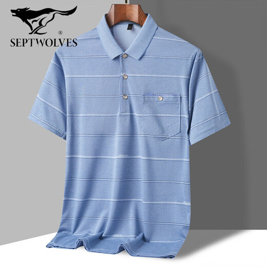 七匹狼（septwolves）爸爸夏装短袖T恤冰丝透气中老年男真口袋POLO衫上衣中年休闲体恤 9923 蓝色 M 48/165