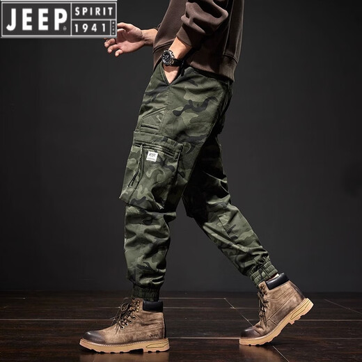 JEEP SPIRIT迷彩美式工装裤男士2025春夏季款宽松哈伦束脚裤男士休闲裤 黑色迷彩 L