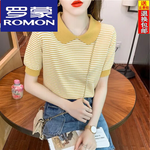 Collar de muñecas a rayas de Romon para mujeres de manga corta de 25 años, suéter de seda de seda de hielo, camiseta delgada pequeña de la edad DX691# amarillo s recomendado 80-100Jin [Jin iguala 0.5 kg]