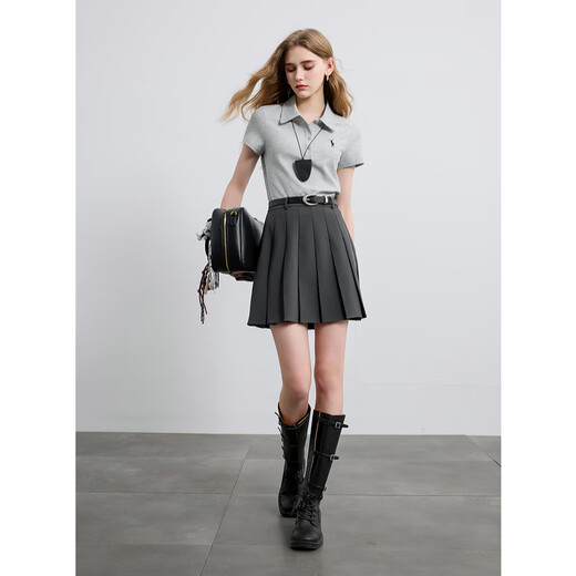 Sancai 2025 autumn new miu style gray waist pleated skirt skirt A-line short skirt petite M