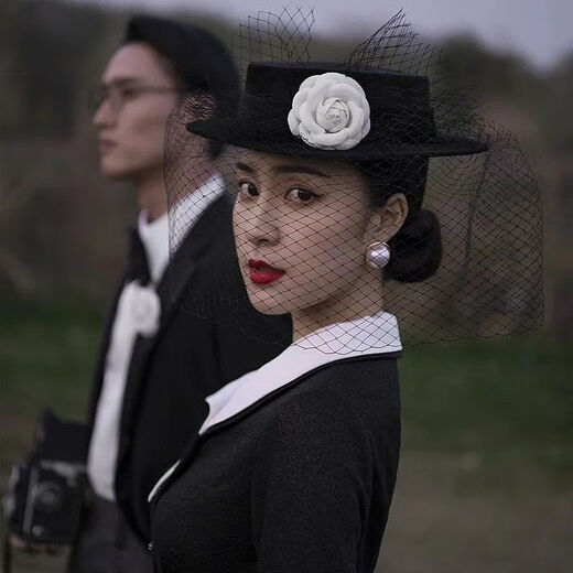 Huansen New French Camellia Hepburn Hat Flower Dome Retro Mesh Gold Velvet Hat Bridal Photo Hat Black Adult 57cm