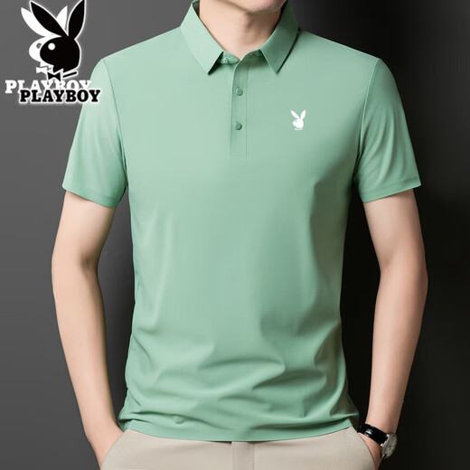 Camiseta de manga corta de seda de seda de hielo playboy para hombres 2025 Nuevo negocio de mediana edad solapa de color sólido Polo de gran tamaño Klein Blue-12358H-Ice Silk Traceless Camiseta 2XL 140-155Jin [Jin equivale a 0.5 kg]