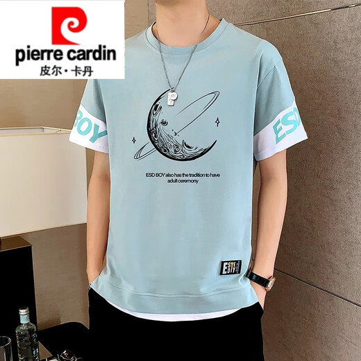 皮尔卡丹棉短袖T恤男夏季薄款圆领半袖体恤青年潮流假两件上衣服 9196黑色  M (约85~105斤可穿)