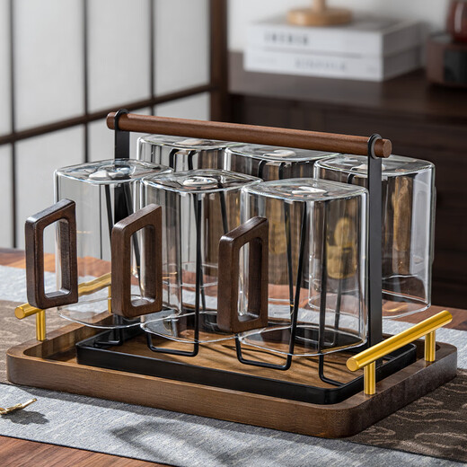 Lanyuan square high temperature resistant glass water cup set for home living room, high-looking walnut handle tea cup and drinking cup, wooden handle square cup 350ml high style 2 pieces