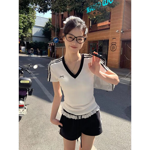 美式辣妹黄色v领正肩棉质短袖T恤女夏季运动风修身短款撞色上衣女 1047黄拼黑 L 【建议100-110斤】