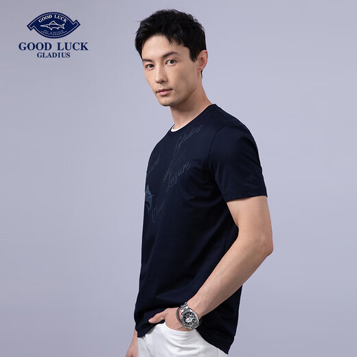 德鲨短袖印花图案T恤男青年时尚圆领休闲打底衫男装上衣服LY13558 浅灰蓝 M 均码
