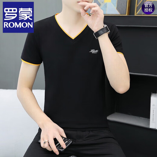 Romon (Romon) Jugend Baumwolle V-Ausschnitt Halbärmelig T-Shirt für Männer Sommer Neuen Herren-Himmel-Herz-Hals-Kurzärmel-T-Shirt hübsches Qy692 Dunkelgrau XL 120-135jin [Jin gleich 0,5 kg]