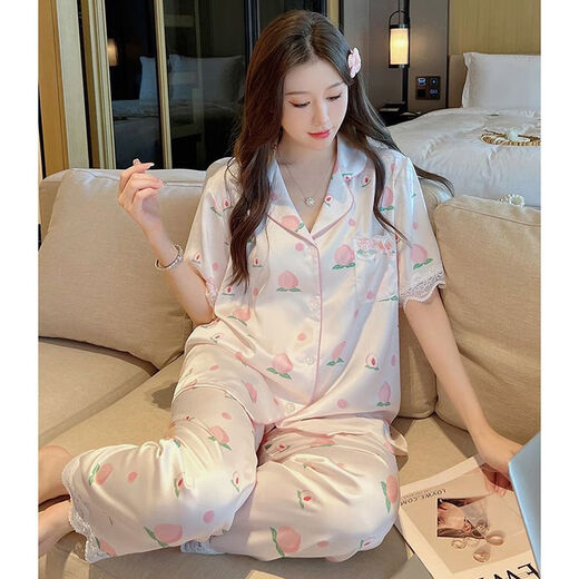 Peach Lace Pajamas Summer Ice Silky Sweet Home Set YFY9905# [Short Sleeve Trousers] XL [Suggested 115-130Jin [Jin equals 0.5 kg]]