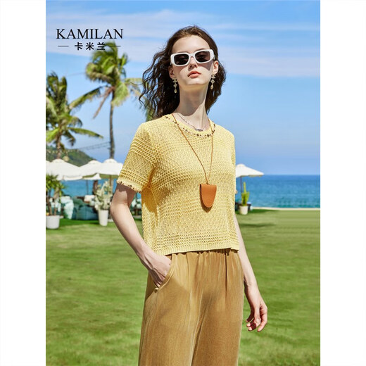 Kamilans einzigartiger und wunderschöner kurzärmeliger Pullover für Frauen 2025 Sommer Neues loses Design Chic Agerecing Top Yellow S