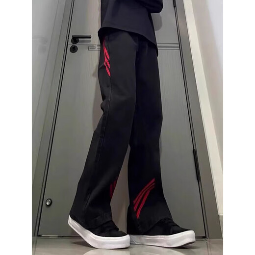 Katuchi red and black contrast stitching bootcut jeans for men in autumn and winter trendy high street design American workwear straight long pants black regular XL