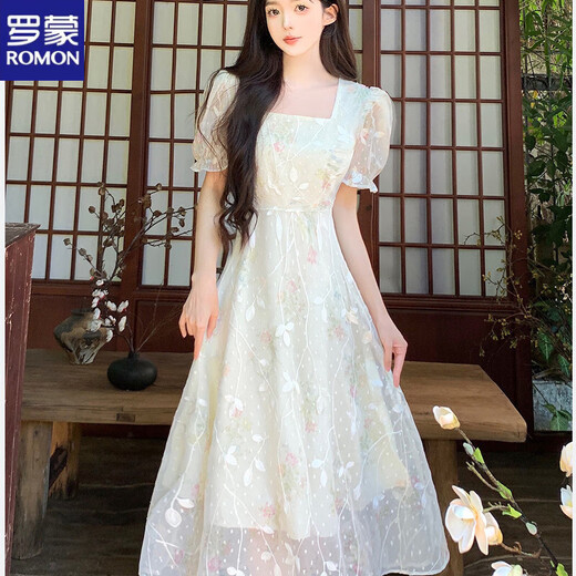 
ROMON French temperament square collar large size dress for women in summer 2025 new high-end style waist-hugging and slimming first love long skirt. Rattan flower light green [version good droop] L [105-115Jin [Jin equals about 0.5 kg]]