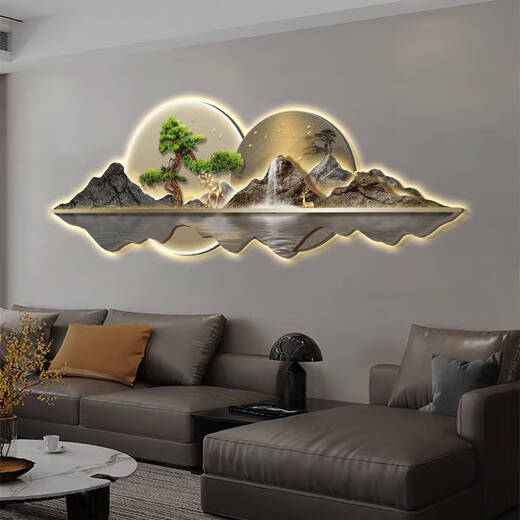 Yusenyi New Chinese style living room decoration painting landscape led light painting welcome pine sofa background wall hanging painting atmospheric mural 1697 10*40 crystal picture with light battery box + remote