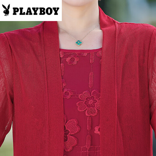 花花公子（PLAYBOY）香云纱中老年女装夏季新款连衣裙妈妈装遮肉显瘦洋气假两件裙子 绿色 9227款裙 2XL 建议105-118斤