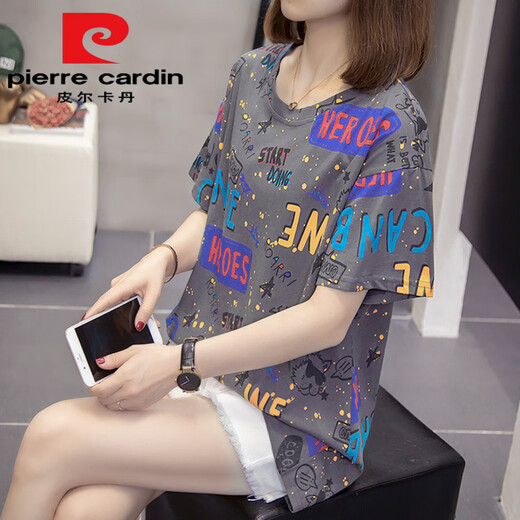 皮尔卡丹（pierre cardin）加大尺码胖m妹夏装新款纯棉短袖t恤女韩版胖妹妹百搭显瘦遮肚子上 6623灰色今年流行的轻奢品牌 M 80-95斤