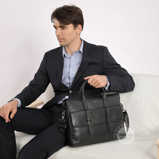 Walker Shop men's briefcase [selected first layer cowhide] 2025 new large-capacity briefcase business handbag black (height 28*width 38*thickness 7cm) 14 inches