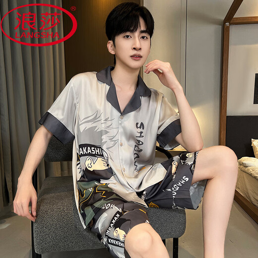 浪莎（LangSha）凉感桑蚕丝短袖男士睡衣2025夏季卡通动漫可外穿男生家居服套装 冰丝6629 L (建议身高170左右，体重100-
